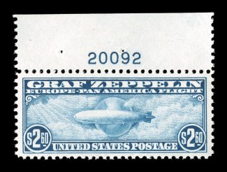 C13-15, 65c-$2.60 Graf Zeppelins cplt., handsome and well-matched set of full top plate number singles, each is exceptionally well centered and margined, bright and fresh, o.g.,
lightly hinged, overall an extremely fine set..