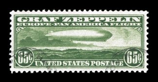 C13, 65c Graf Zeppelin, used, extraordinarily well centered within large margins, bright fresh color, very lightly cancelled which is most uncharacteristic of this stamp,
extremely fine used gem 2007 PSE certificate (XF-Superb 95 SMQ $395.00).
