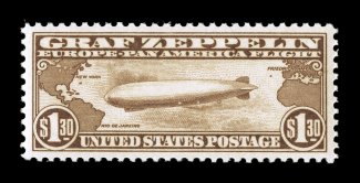 C14, $1.30 Graf Zeppelin, a fabulous quality mint example, perfectly centered within exceedingly large margins, strong rich color and a crisp impression, unblemished o.g., n.h.,
an extremely fine gem in every regard an especially desirable One