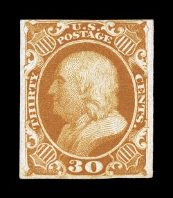 38a, 30c Orange, imperforate, unused as virtually always, margins range from very large to just touching the frame line at top, strong color and impression, very fine a rare and
seldom offered imperforate variety 1987 PF certificate.