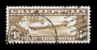 C14, $1.30 Graf Zeppelin, used, excellent centering within large margins, bright and fresh, neat Lakehurst duplex cancel, extremely fine and uncommonly choice encapsulated PSE
certificate (XF-Superb 95 SMQ $850.00).