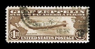 C14, $1.30 Graf Zeppelin, used, excellent centering within large margins, strong rich color, duplex cancel, extremely fine 2007 PSE certificate (XF 90 SMQ
$610.00).