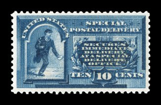 E1, 10c Blue, a highly desirable mint example of the first special delivery stamp, extraordinarily fresh, with sumptuously rich color and a crisp clean impression, uncommonly
well centered within large margins, o.g., n.h., extremely fine not of
