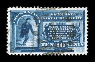 E1, 10c Blue, extraordinarily well centered within large margins, deep intense color and impression on fresh paper, light duplex cancel, extremely fine an unusually select used
example 2007 PSE certificate (XF-Superb 95 SMQ $335.00).