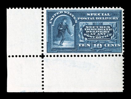 E5, 10c Blue, bottom left corner sheet-margin single, sumptuously rich color and a deeply etched impression, nicely centered, o.g., n.h., very fine 2007 PSE
certificate.
