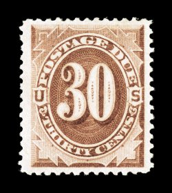 J6, 30c Brown, a highly select mint example, being exceptionally well centered within lavishly large margins which are most uncharacteristic of the First Issue postage dues,
lovely rich color and a strong impression, full o.g., lightly hinged, e