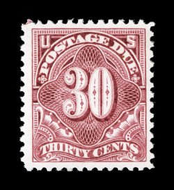 J36b, 30c Pale rose, well centered, with wide margins all around, bright color on fresh paper, o.g., never hinged, very fine and a choice example of this difficult postage due
2004 PSE certificate (left sheet selvage subsequently removed).