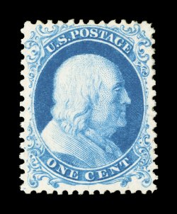 40, 1c Bright blue reprint, without gum as issued, beautiful fresh color and a crisp impression on pristine white paper, uncharacteristically well centered and margined,
extremely fine a choice example 1984 PF certificate.