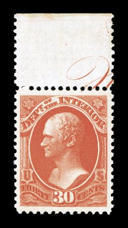 O23, 30c Interior, a marvelous quality mint top margin partial imprint single, featuring striking intense color and a prooflike impression, plus it is extraordinarily well
centered within extravagantly large margins, fresh clean o.g., never hing
