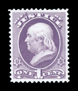 O25, 1c Justice, gorgeous mint single, wonderfully well centered and margined, brilliantly fresh, rich color, especially clean full o.g. that has been only very lightly hinged,
extremely fine actually a rare stamp in this outstanding condition