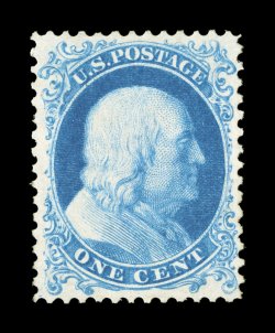 40, 1c Bright blue reprint, without gum as issued, excellent centering, marvelously bright and fresh, extremely fine 1989 PF certificate.