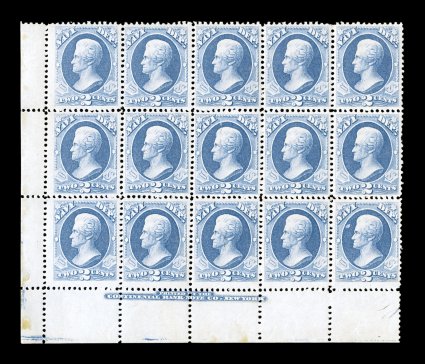 O36, 2c Navy, bottom left corner imprint block of fifteen (5x3), well centered overall, fresh color, o.g., stamps all never hinged (hinged in the bottom selvage only), positions
1, 11 and 15 with a faint bit of gum disturbance, a very fine and s
