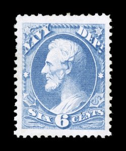 O38, 6c Navy, an impressive mint single, featuring enormously large margins all around and being exceptionally well centered within these oversized borders, beautiful rich color
on immaculate white paper, o.g., extremely fine 2001 PF certificat