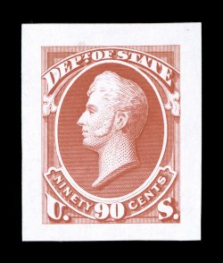 O57TC-65TC, 67TC, 1c-90c State, Goodall small die proofs in Dull red, complete less the 30c value, strong colors, a few minor India paper flaws as often found, very fine
appearance.