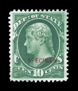 O62S-D, 10c State special printing, with carmine Specimen overprint, without gum as issued, uncommonly well centered and margined, deep rich color, choice very fine very scarce,
with only 346 specimen stamps printed 2006 PF certificate.