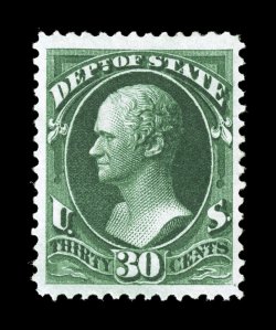 O66, 30c State, handsome mint single that is exceedingly well centered within lavishly large margins, deep prooflike color and impression, full o.g., extremely fine 2007 PSE
certificate (VF-XF 85 Jumbo SMQ $710.00 for 85 and $970.00 for 90).