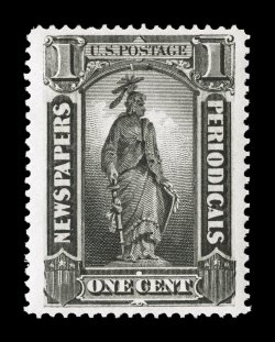 PR90, 1c Intense black, wonderfully well centered within incredibly wide margins, strong rich color and a crisp detailed impression on clean white paper, o.g., n.h., extremely
fine a most difficult stamp to find in this premium never hinged qua