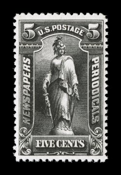 PR104, 5c Black, excellent centering, deep intense color and a highly detailed impression on pristine white paper, o.g., n.h., extremely fine 2004 PF
certificate.
