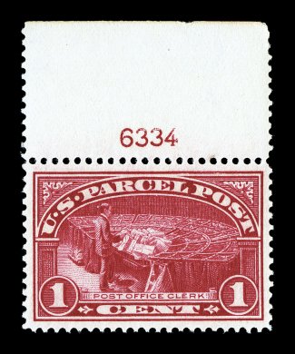Q1, 1c Parcel Post, top margin plate no. 6334 single, excellent centering within large margins, strong color and impression, pristine o.g., n.h., extremely fine 2008 PSE
certificate (XF-Superb 95 SMQ $290.00).