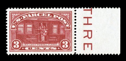 Q3, 3c Parcel Post, an especially eye-appealing right margin partial imprint single, possessing enormously large margins all around and being incredibly well centered within
these vast borders, brilliantly fresh color and a crisp impression, o.g