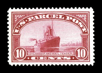 Q6, 10c Parcel Post, an eye-catching jumbo mint single, wonderfully well centered within huge margins all around, intense radiant color and a well defined impression,
unblemished o.g., n.h., extremely fine a large-margined gem 1994 PF certific