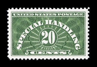 QE3, 20c Yellow green, wet printing, mathematically precise centering within large margins, brilliantly fresh, o.g., n.h., superb 2007 PSE certificate (as QE3a, before the 2008
U.S. Specialized changed the numbers - Gem 100 SMQ $175.00 for 98