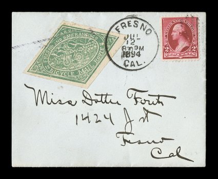 12L2, Bicycle Mail Route, 25c Green, retouched die with San Francisco spelling corrected, small ladys cover with Bicycle Stamp, as well as 2c Carmine, tied by FresnoCalJul 12
1894 duplex, plus bars cancel on the local, apparently posted f