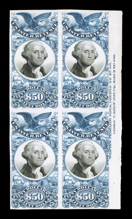 R105P3-31P3, 3c-$50.00 Second Issue, plate proofs on India cplt. in block of four except 50c and $3.50 are imprint strips of four and the $1.00 is an imprint strip of five, the
$25.00 and $50.00 blocks have imprint in the selvage, strong fresh c