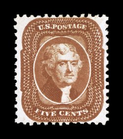 42, 5c Orange brown reprint, without gum as issued, exceedingly well centered and margined, intensely rich color and a deeply etched impression on bright white paper, extremely
fine a highly select example, of which only 878 were sold 1988 PF