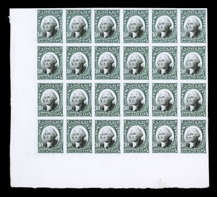 RB1P4-7P4, 1c-10c Green Proprietary plate proofs on card, in blocks of 24, all are corner margin block except the 2c which is a normal block, deep rich colors, 4c with light
toning affecting three stamps, otherwise very fine-extremely fine cata
