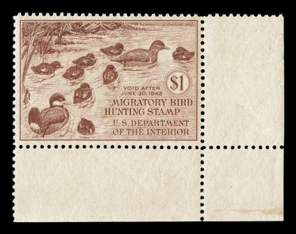 RW8, 1941 $1.00 Brown carmine, handsome bottom right corner margin single, uncommonly well centered within large margins, strong color, o.g., n.h., extremely fine 2007 PSE
certificate (VF-XF 85 SMQ $280.00).