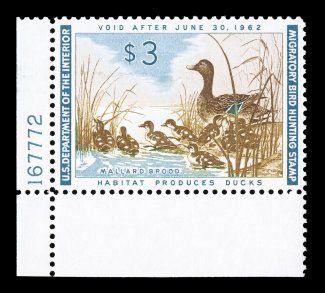 RW28, 1961 $3.00 Multicolored, bottom left corner margin plate no. 167772 single, exceedingly well centered, rich colors, o.g., n.h., extremely fine 2007 PSE certificate
(XF-Superb 95 SMQ $190.00).