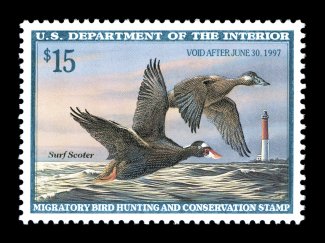 RW63, 1996 $15.00 Multicolored, mathematically precise centering within large margins, extraordinarily bright and fresh, o.g., n.h., superb 2007 PSE certificate (Gem 100 SMQ
$320.00) the highest grade the PSE has given this stamp.