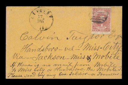 5 var., 10c Deep rose, large to huge margins all around, distinctive vibrant carmine shade, light corner crease at bottom right entirely in the lavish bottom margin, tied by
circular grid cancel to orange cover, with Clinton, La.17 Sep 1862 c