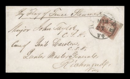 8, 2c Red brown, tied to unusual across-the-lines cover front with ms. By Flag of Truce Steamer addressed to Major John Taylor, C.S.A., care of General Lawton, C.S.A., Quarter
Master General, Richmond, Va., the stamp has three large margins, i