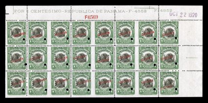 55eS, 1c Green and black, booklet pane of six, with red Specimen overprint and security punch, block of four panes from the top of the form, with Oct 22, 1920 handstamped in top
selvage, o.g., n.h., each with a light pencil position number