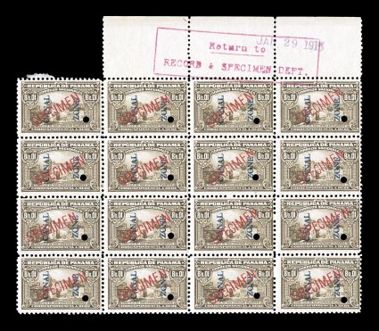 J4S, 1c Olive brown postage due, with red Specimen overprint and security punch, top margin block of sixteen, with red Return to Record & Specimen Dept. handstamp at top right,
o.g., n.h., each with light pencil position number on back, few