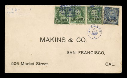 5, 5c Blue, tied along with a single and pair of 1c Green (1) by rare violet oval of dots and star with matching petite circular Marianas postmark just tying one 1c stamp, on
cover to San Francisco, Yokohama and San Francisco backstamps,