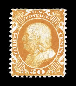 46, 30c Yellow orange reprint, without gum as issued, an exceedingly fresh and choice example of this rarity, possessing a marvelous overall brilliance, with absolutely radiant
color and impression on crisp paper, far better centered than typica