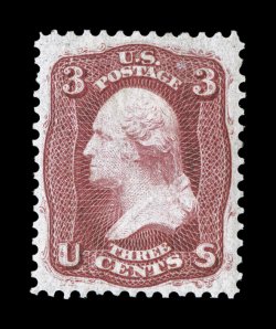 56, 3c Brown rose August, select quality mint example, extraordinarily well centered and margined, sumptously rich color and a deeply etched impression, full o.g., lightly
hinged, extremely fine 1975 PF certificate.