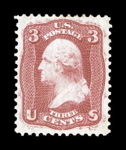 56, 3c Brown rose August, exceptionally well centered and margined, strong rich color, o.g., lightly hinged, single added perforation tip at top, otherwise extremely fine clear
1976 PF certificate.