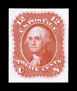 59TC1, 12c Scarlet August, large die trial color proof on India, mounted on card and cut to stamp size, brilliantly fresh, extra-large margins all around, tiny repair in
Washingtons neck, extremely fine appearance a rare proof.