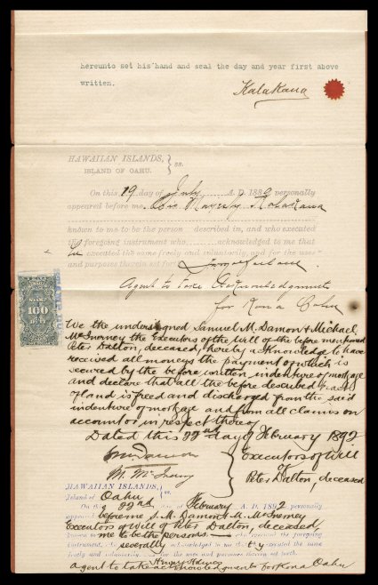 King Kalakaua document signed in connection with Island of Mokuoeo, a collection of six documents relating to S.M. Damon and his wife giving the small island of Mokuoeo to the
King on his birthday, includes a letter dated November 14, 1885 which