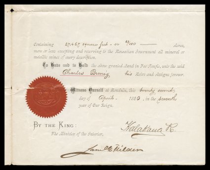 King Kalakaua 1880 document signed, English language Royal Patent No. 3250, deeding another parcel of land in Honolulu to Charles Brenig, this being 27,467 square feet for only
one dollar, $1.00 Black adhesive revenue (R3) tied at top left, date