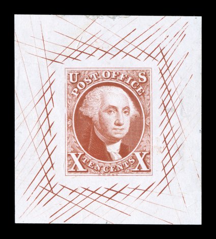 2TC, 10c Orange vermilion trial color die proof on India, balanced margins with nearly full cross-hatching, measuring 40x45mm, strong color, tiny translucent stain in the very top
margin, otherwise very fine.