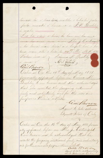 Alexander J. Cartwright 1881 document signed, Hawaiian language deed with three $1.00 Black and $5.00 Vermilion and violet blue revenues (R3, 4, document folds affect two $1.00
stamps), dated May 14, 1881 and signed Alxr. J. Cartwright and Em