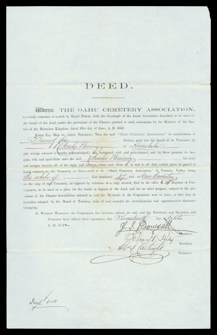 Alexander J. Cartwright 1882 document signed, English language cemetery deed issued to Charles Breinig by the Oahu Cemetery Association for lot 24 in the new cemetery, dated
October 17, 1882 and signed Alxr. J. Cartwright as Treasurer, plus J.