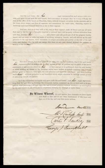 Alexander J. Cartwright 1888 document signed, English language lease issued to George J. Campbell by the trustees of the Estate of King Kalakaua for land in Moanalua, dated June
27, 1888 and signed by the three trustees Alxr. J. Cartwright, Cu