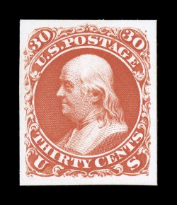 61P1, 30c August, large die trial color proof on India, mounted on card and cut to stamp size, deep vivid color, very fine a rare proof.
