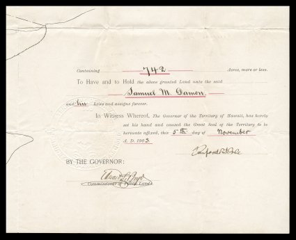 Sanford B. Dole 1903 document signed, first Governor of the Territory of Hawaii, English language land patent No. 4776 to Samuel M. Damon for a plot of land in Moanalua, this
piece of land consists largely of the fish ponds of Kaihikapu and Lelep